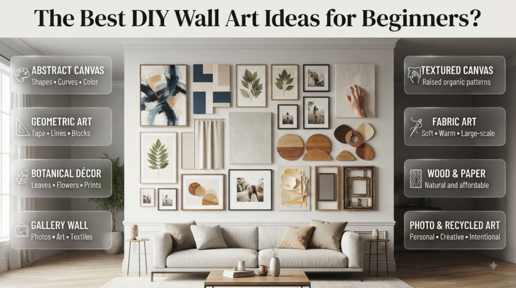 DIY wall art ideas for beginners featuring canvas, geometric, botanical, fabric, wood, paper, photo, and recycled wall décor projects