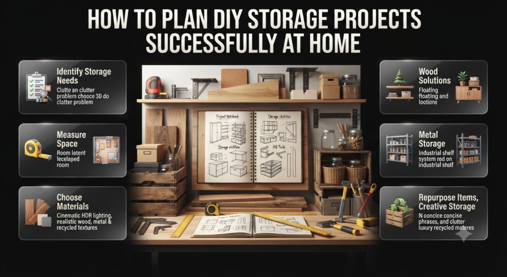 How to plan DIY storage projects with smart measurements, material selection, wood storage ideas, metal solutions, and repurposing tips.