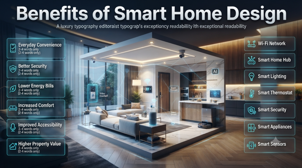 Modern smart home infographic featuring connected lighting, security, Wi-Fi, automation, sensors, smart appliances, and energy-efficient technology.