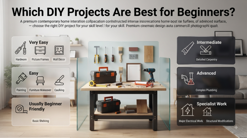 Beginner DIY project infographic comparing easy home improvements with advanced plumbing, electrical, carpentry, and structural work.