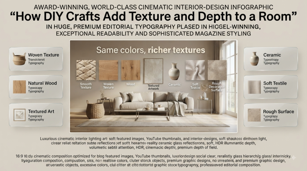 DIY crafts add room texture through woven baskets, natural wood, textured artwork, ceramic vases, soft textiles, and rough surfaces.