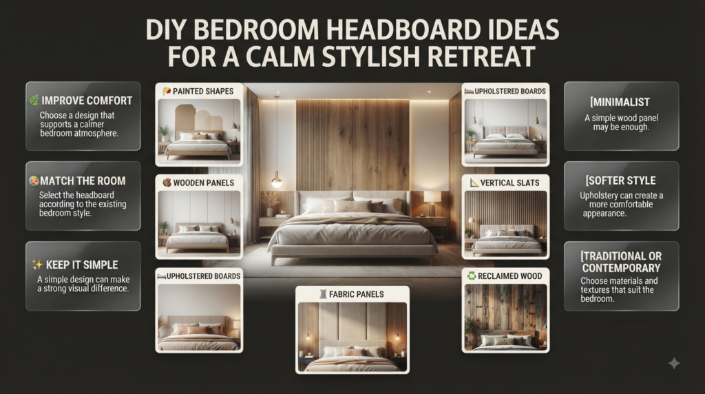 DIY bedroom headboard ideas featuring painted shapes, wood panels, upholstery, vertical slats, fabric panels, and reclaimed wood