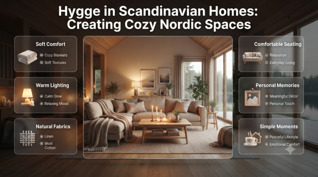 Hygge Scandinavian homes featuring cozy interiors, warm lighting, soft blankets, natural fabrics, and comfortable Nordic living spaces