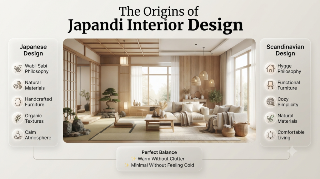 Infographic showing the origins of Japandi Interior Design by combining Japanese Wabi-Sabi philosophy with Scandinavian Hygge, natural materials, and minimalist living.