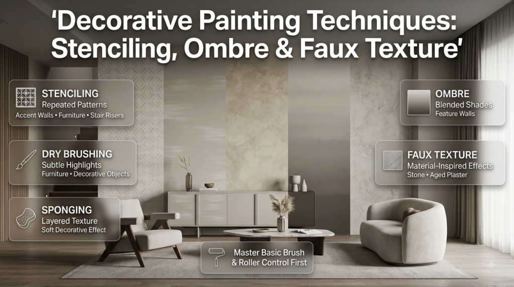 Decorative painting techniques including stenciling, dry brushing, sponging, ombre blending, and faux texture for walls and furniture.
