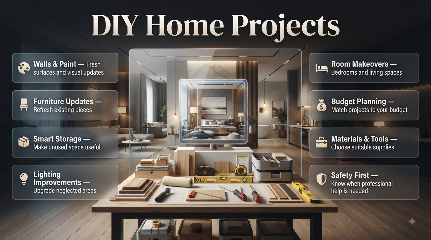 DIY home projects featuring creative upgrades for walls, furniture, storage, lighting, bedrooms, kitchens, and living spaces DIY Home Projects: Creative Ideas for Every Room