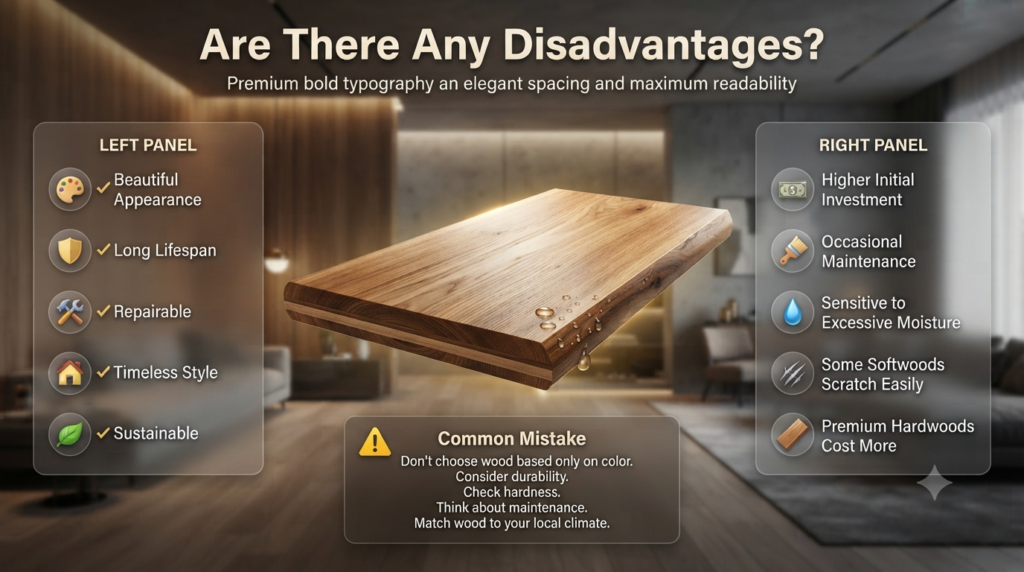 Infographic showing the advantages and disadvantages of natural wood with a premium wooden surface, comparison panels, maintenance icons, and durability highlights.