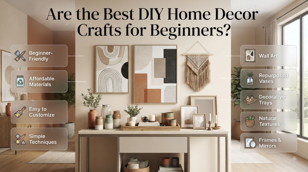 DIY home decor crafts for beginners featuring wall art, glass vases, trays, plant pots, frames, mirrors, and candle holders.