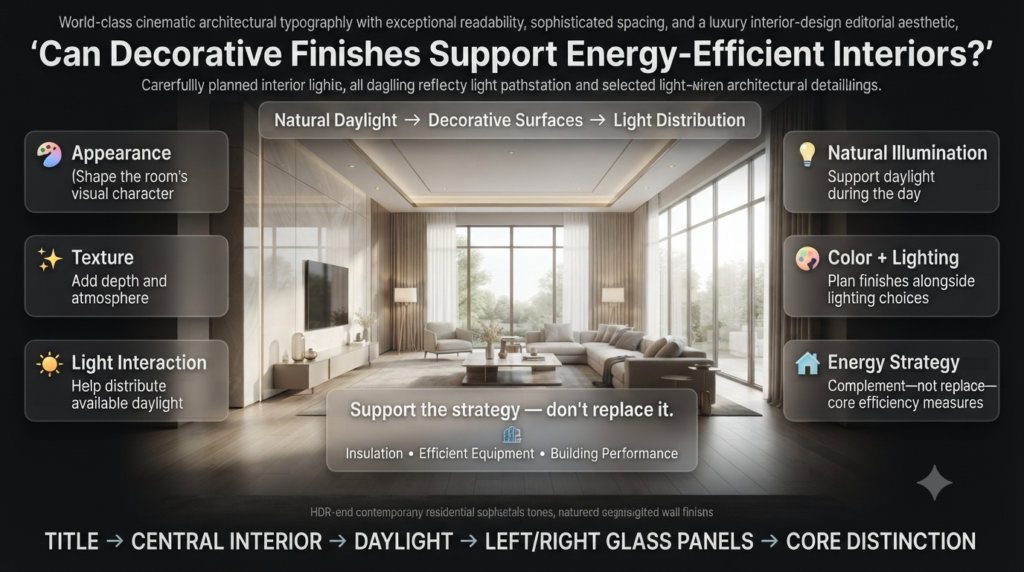 Energy-conscious interior with light-colored decorative finishes reflecting daylight and supporting natural illumination during renovation.
