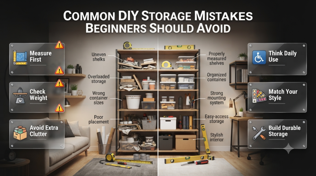 Common DIY storage mistakes beginners make including poor measurements, weak support, bad planning, clutter, and design problems.