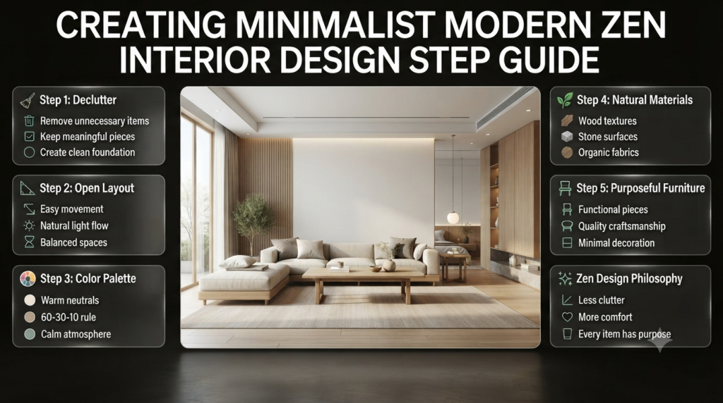 Minimalist modern Zen interior design guide showing decluttering, open layouts, natural materials, neutral colors, and purposeful furniture