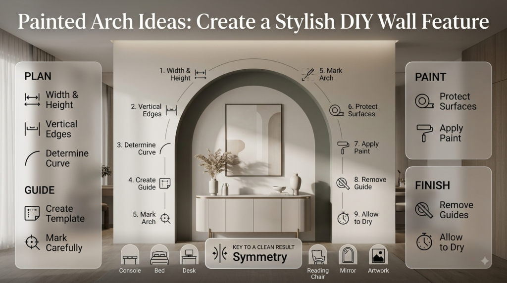 DIY painted arch wall feature showing careful measurements, symmetry, curved marking, surface protection, and precise paint application.