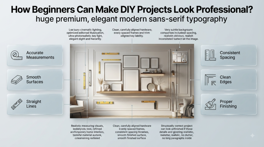 DIY professional finish infographic showing accurate measurements, smooth surfaces, straight lines, consistent spacing, clean edges, and finishing.