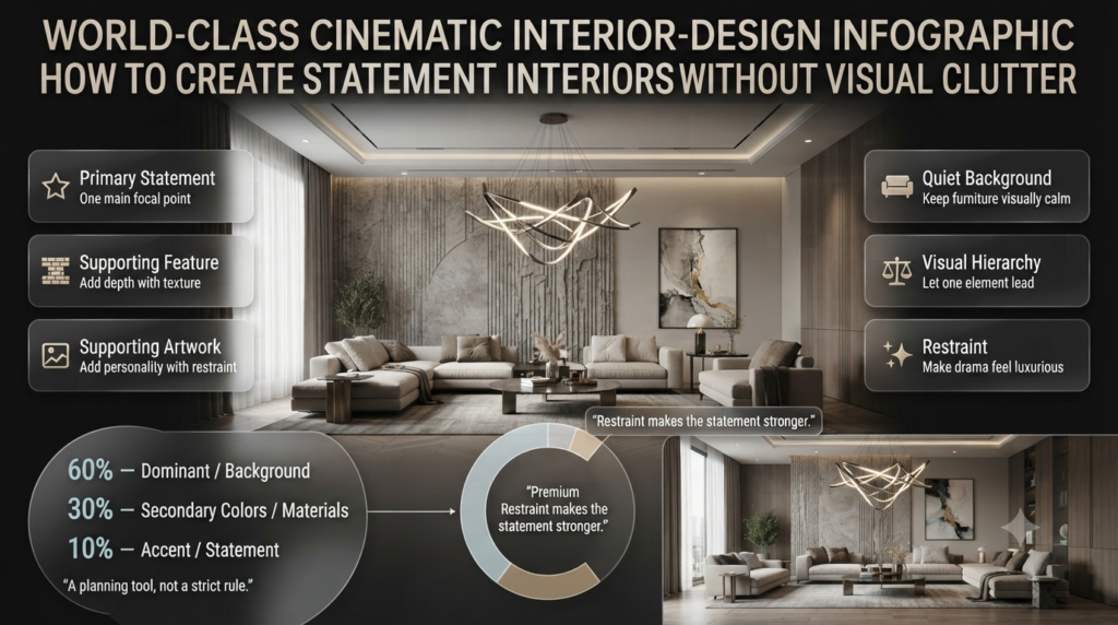 Statement interior showing a sculptural chandelier, textured wall, artwork, neutral furniture, and balanced 60-30-10 color planning.