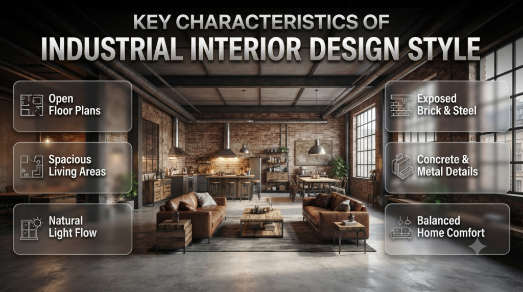 Industrial interior design characteristics showing open layouts, exposed brick walls, steel beams, concrete textures, and modern loft elements.