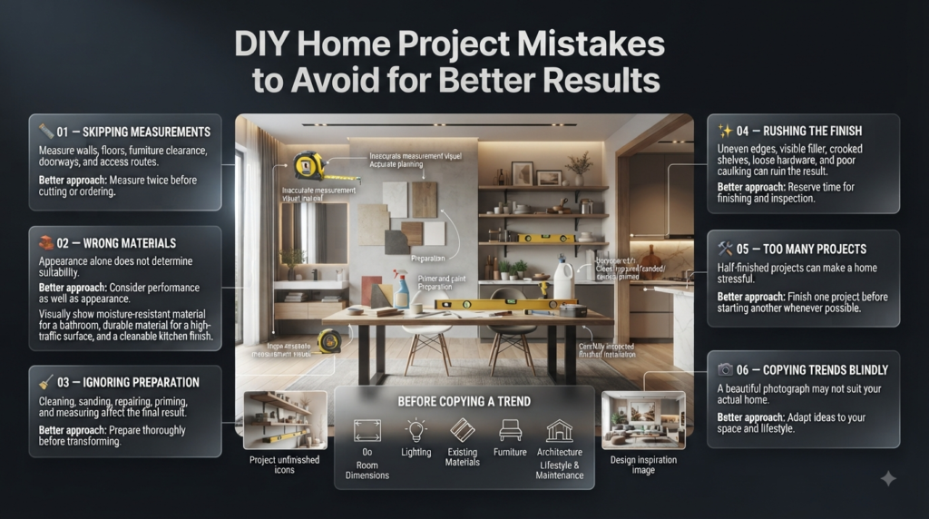 DIY home project mistakes including poor measurements, wrong materials, skipped preparation, rushed finishes, unfinished projects, and trends