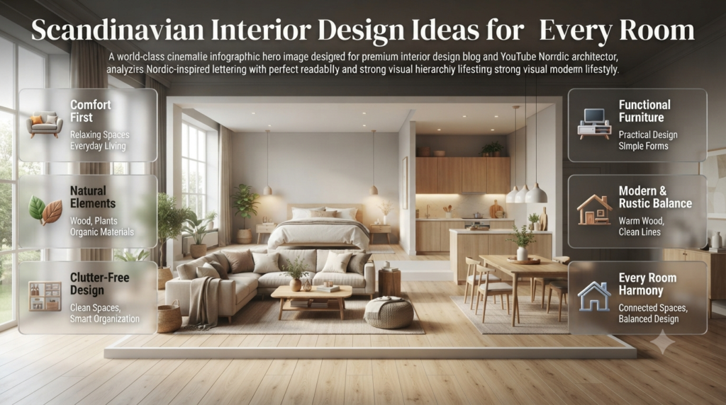 Scandinavian interior design ideas for every room featuring minimalist décor, natural elements, cozy spaces, and functional Nordic style