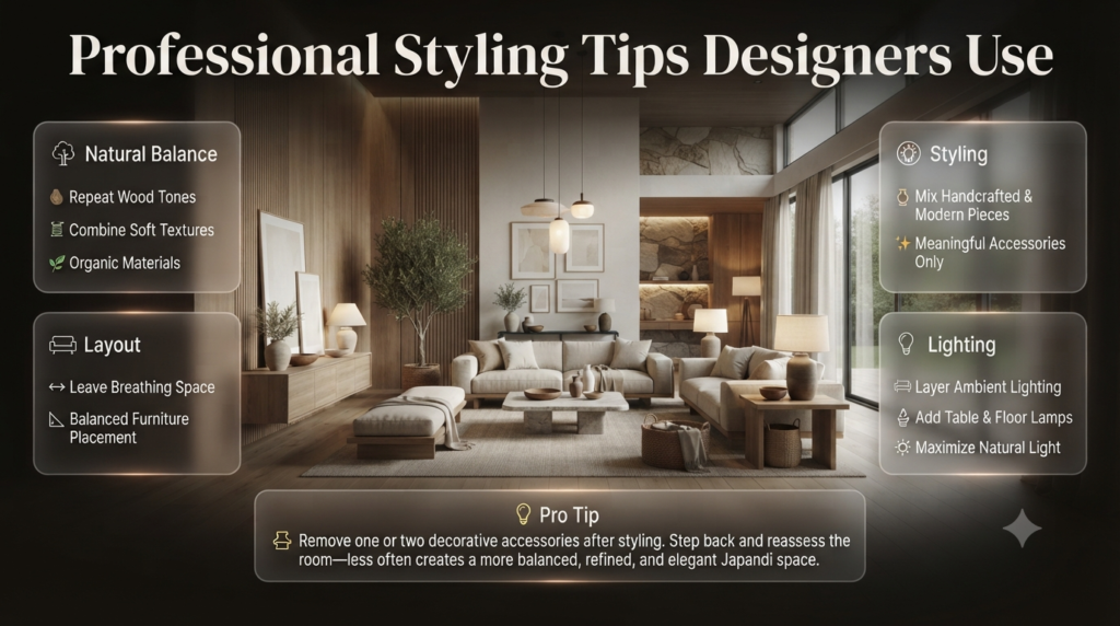 Infographic featuring professional Japandi styling tips, including layered lighting, natural wood tones, textured fabrics, balanced décor, and minimalist interior design.