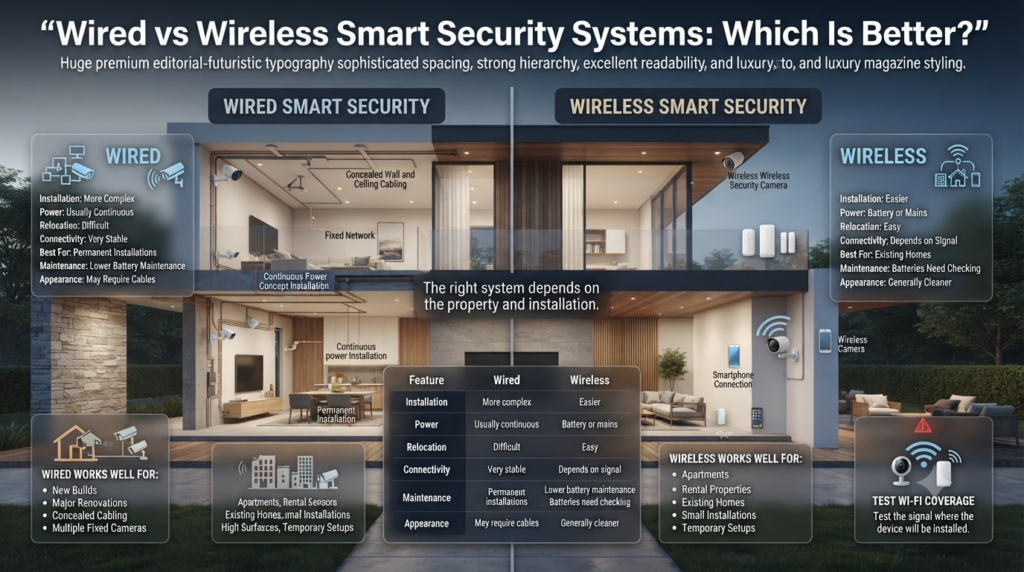 Wired vs wireless smart security infographic comparing installation, power, connectivity, maintenance, appearance, and ideal home types.