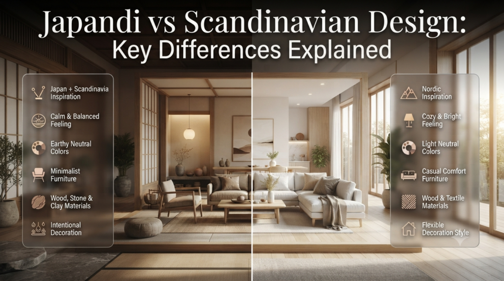 Japandi vs Scandinavian design comparison showing differences in colors, furniture, materials, and interior style philosophy
