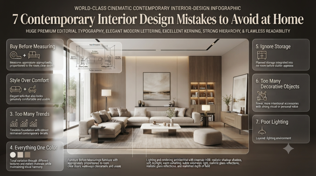 Contemporary interior design infographic showing seven common mistakes, including poor measuring, low comfort, excess trends, clutter, and poor lighting.