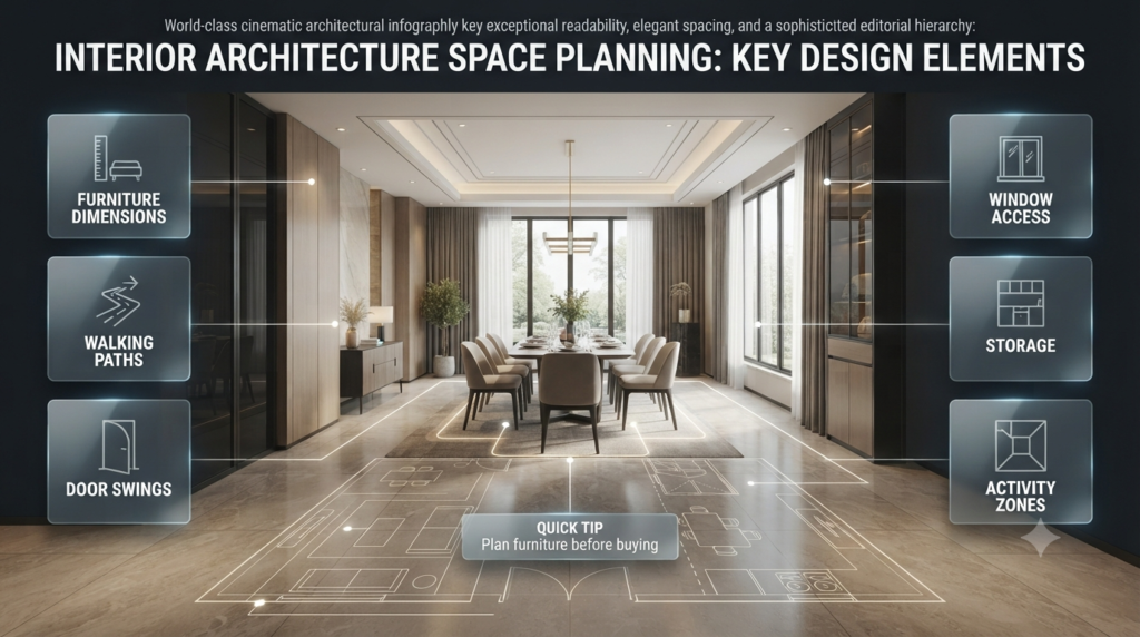 Interior architecture space planning showing furniture layouts, circulation paths, storage, windows, and functional activity zones