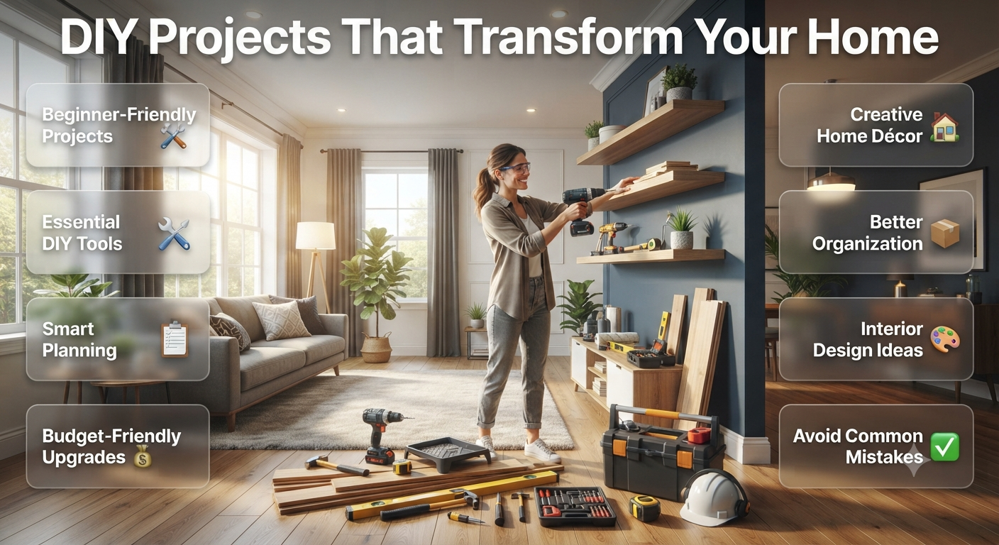 Modern DIY home improvement workspace featuring custom furniture, home décor, renovation tools, and organized materials in a stylish contemporary interior. DIY Projects That Transform Your Home | Complete Beginner's Guide