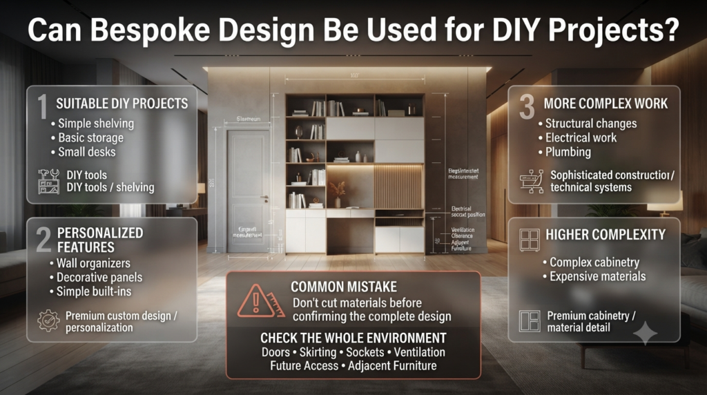 Bespoke DIY design infographic showing shelving, storage, desks, organizers, and key measurement considerations for custom projects.