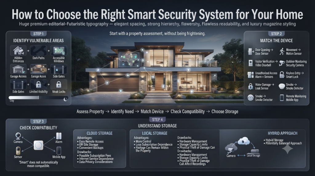 Smart security system selection infographic showing vulnerable areas, device matching, compatibility checks, and cloud versus local storage.