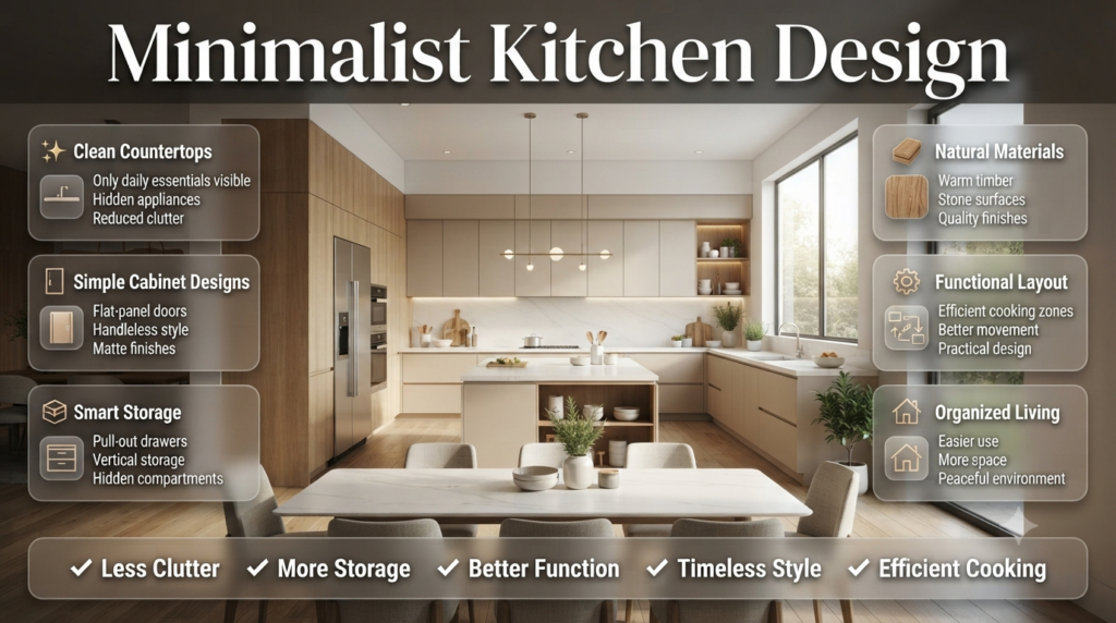 Minimalist kitchen design featuring clean countertops, handleless cabinets, smart storage, natural materials, and an organized modern cooking space.