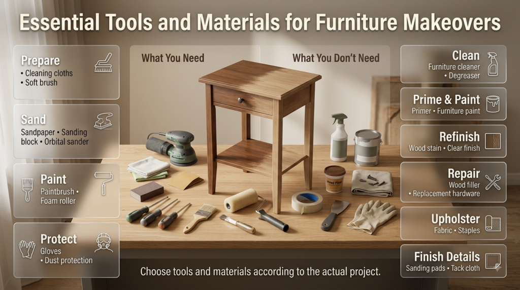 Furniture makeover tools and materials including sandpaper, brushes, rollers, painter's tape, primer, paint, stain, filler, and hardware.