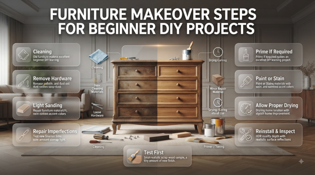 Beginner furniture makeover infographic showing cleaning, sanding, priming, painting, drying, hardware replacement, and final inspection.