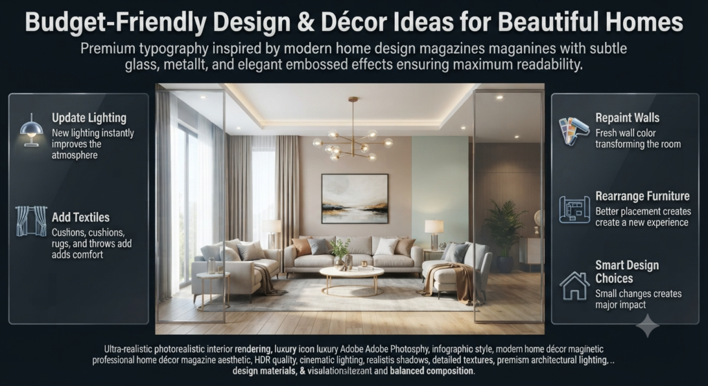 Budget-friendly Design & Décor ideas showing affordable lighting, textiles, wall colors, and furniture arrangement improvements