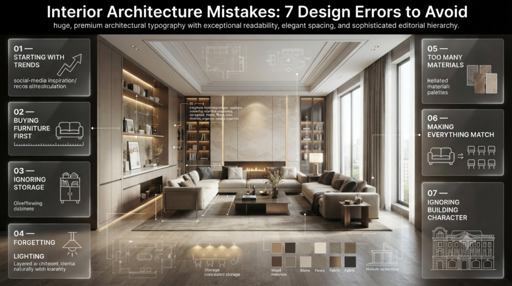 Interior architecture mistakes infographic showing poor planning, clutter, lighting errors, mismatched materials, and lost building character
