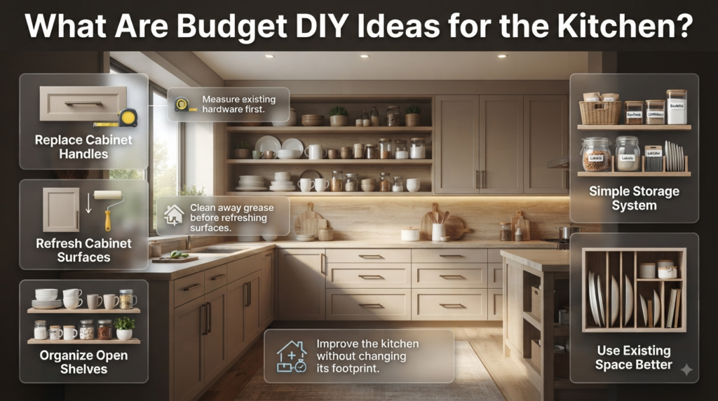 Budget DIY kitchen ideas featuring cabinet handles, organized shelves, refreshed surfaces, storage systems, baskets, labels, and dividers.