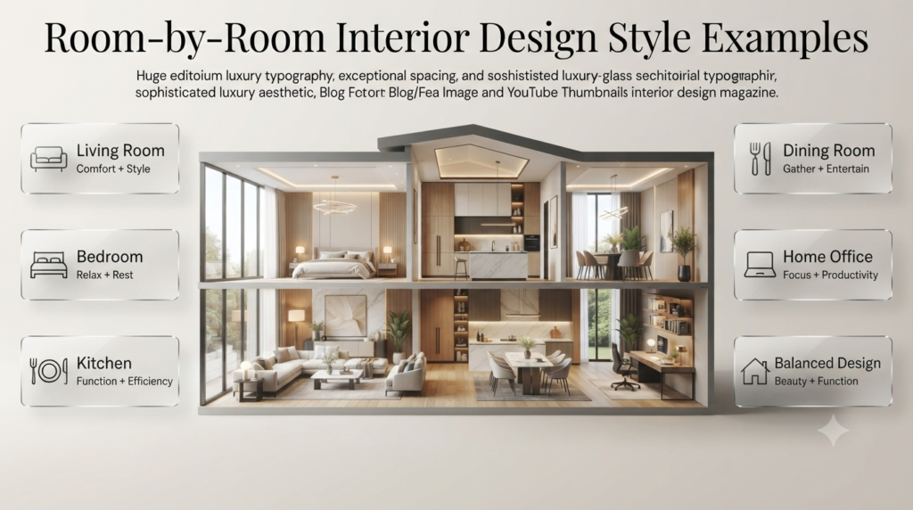 Room-by-room interior design examples featuring living room, bedroom, kitchen, dining room, and home office styling with functional décor ideas.