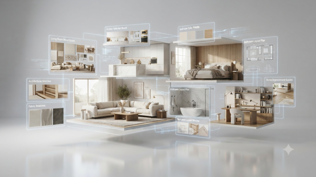 Modern website displaying articles on home improvement, interior design, furniture, and décor with a clean, user-friendly layout.