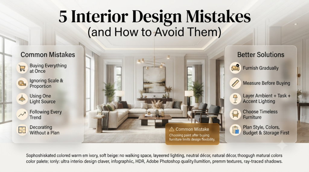 Luxury interior design infographic highlighting five common decorating mistakes and practical solutions for creating a stylish, balanced, and functional home.