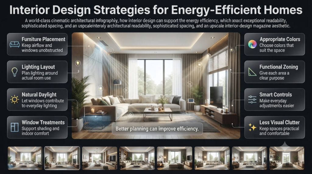 Modern energy-efficient interior showing smart furniture placement, natural lighting, window treatments, zoning, and efficient HVAC airflow.