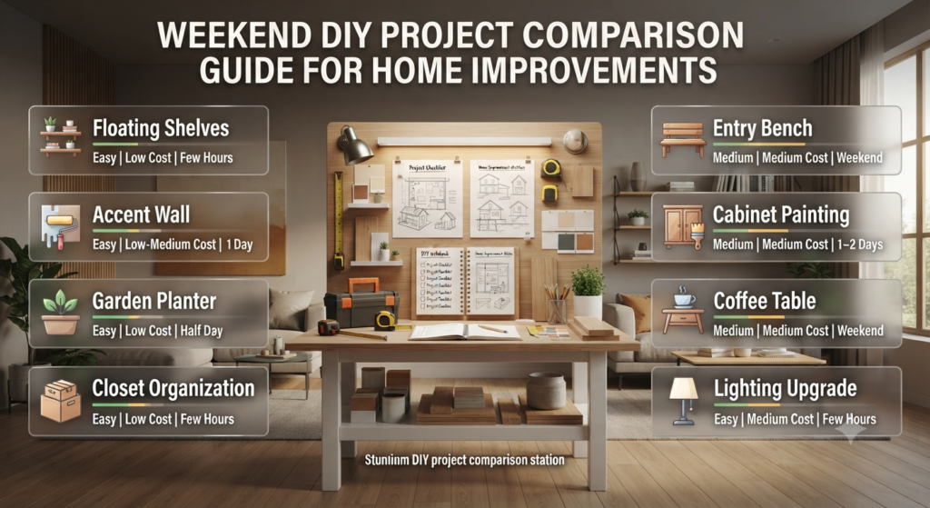 Weekend DIY project comparison guide showing difficulty, cost, and time for shelves, accent walls, furniture, lighting, and organization projects.