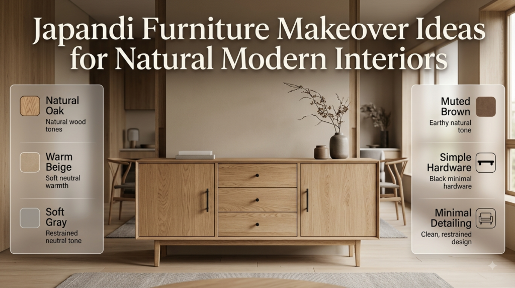 Japandi furniture makeover featuring natural oak, warm beige, soft gray, muted brown, black hardware, and minimal detailing.
