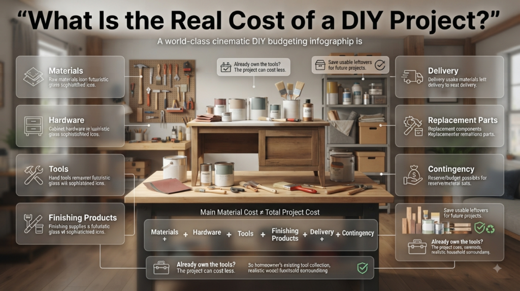 DIY project cost infographic showing materials, tools, hardware, finishing products, delivery, replacement parts, and contingency.