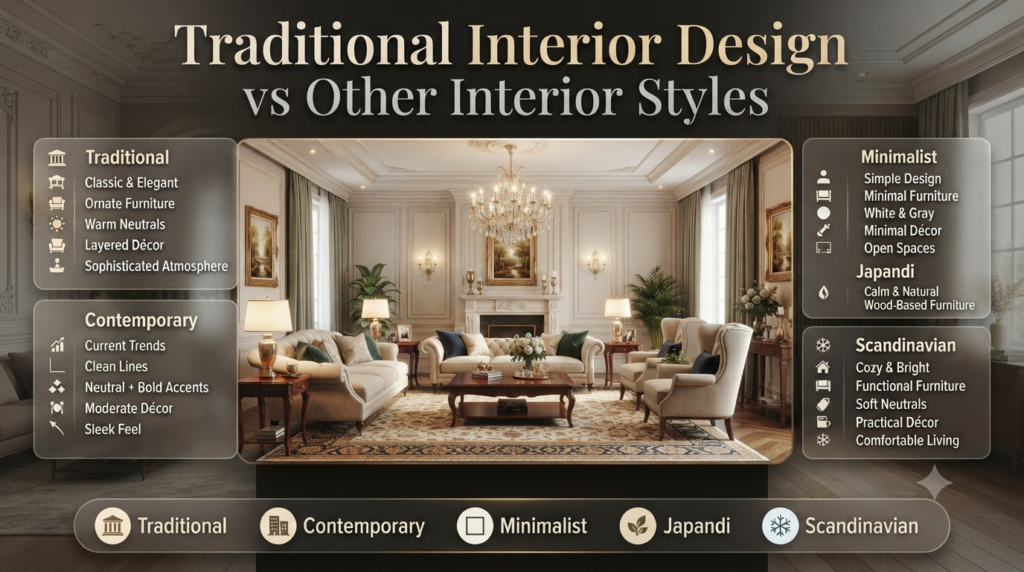 A premium infographic comparing Traditional Interior Design with Contemporary, Minimalist, Japandi, and Scandinavian styles through furniture, colors, décor, and atmosphere.