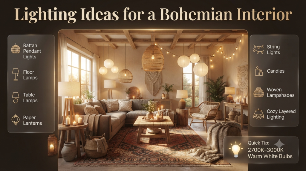 A cozy bohemian living room illuminated with rattan pendant lights, floor lamps, candles, fairy lights, paper lanterns, and woven lampshades creating a warm ambiance.