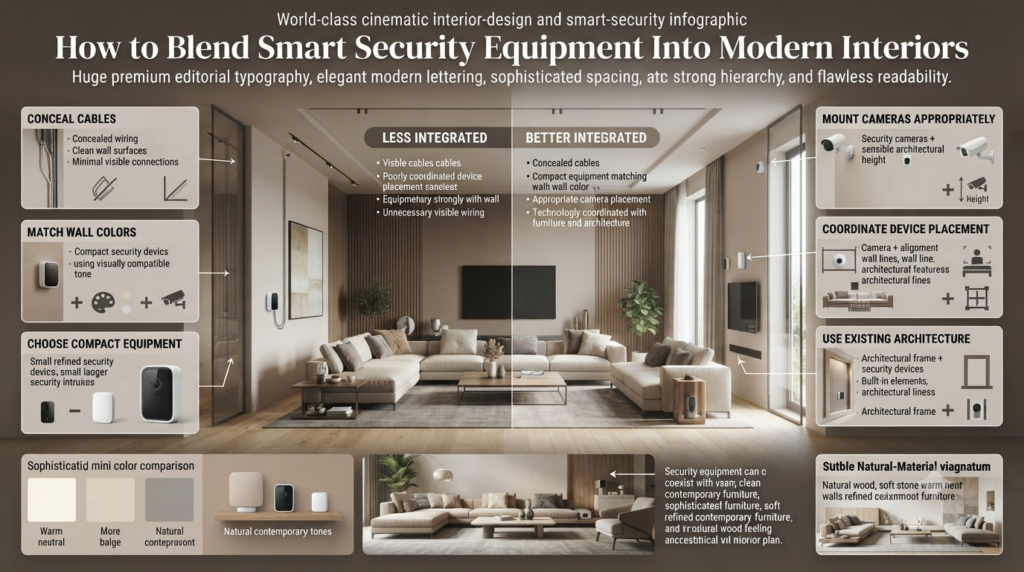 Smart security equipment blended into a modern interior using matching wall colors, concealed cables, compact devices, and coordinated placement.