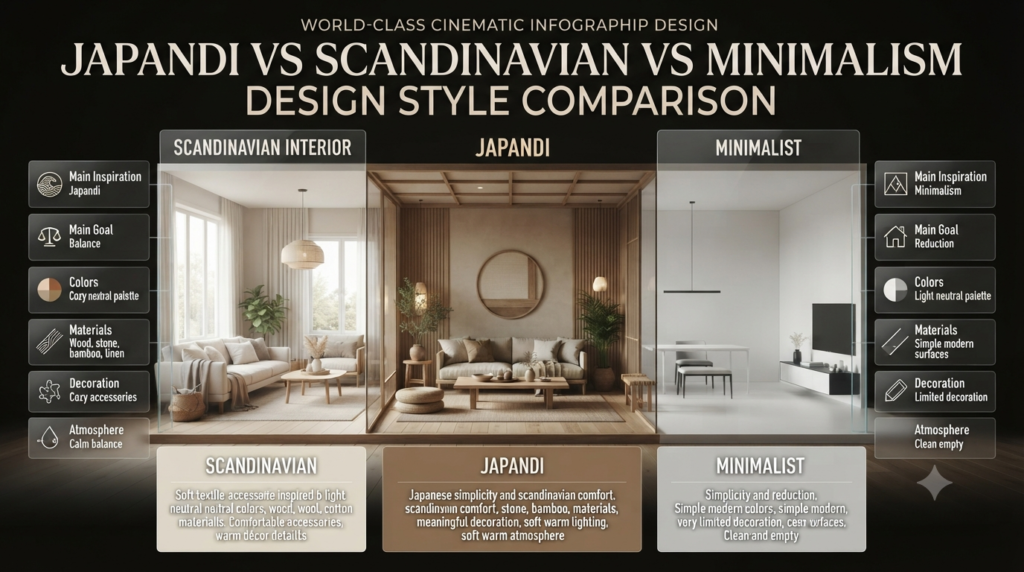 Japandi vs Scandinavian vs Minimalism comparison showing differences in colors, materials, decoration, and interior design philosophy