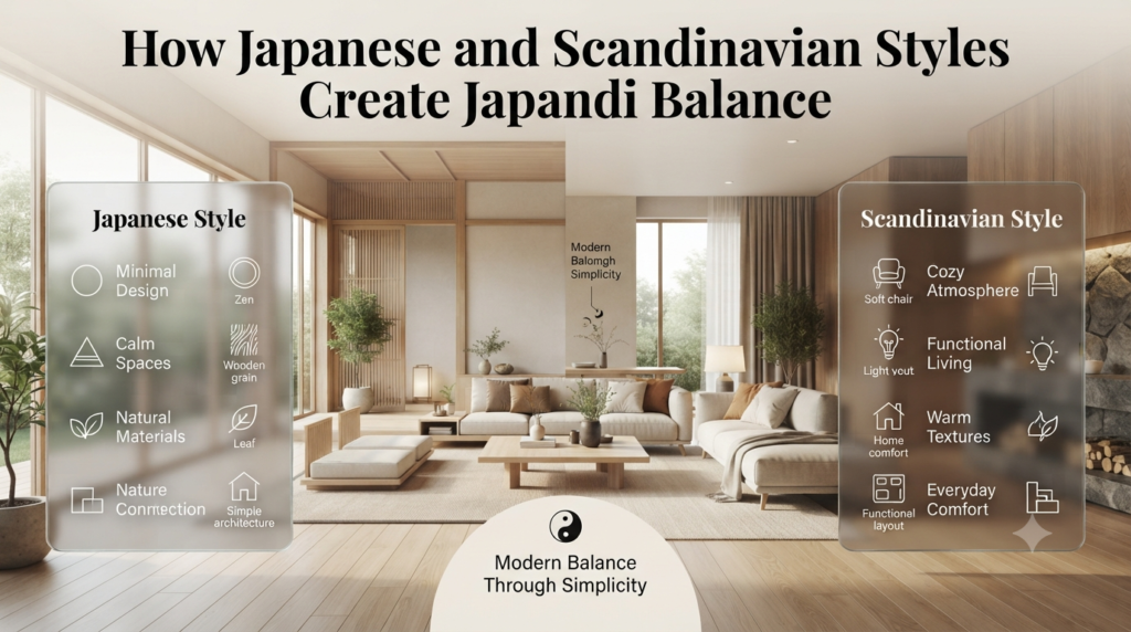 Japanese and Scandinavian styles combined in Japandi interior design showing minimalist spaces, cozy furniture, natural materials, and balanced living