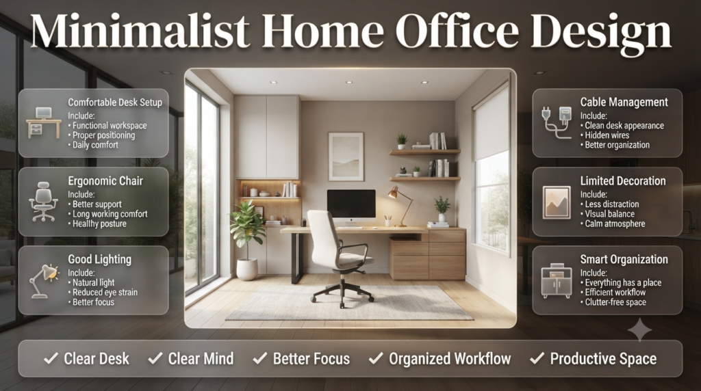 Minimalist home office design featuring a clean desk, ergonomic chair, natural lighting, cable management, smart storage, and organized workspace.
