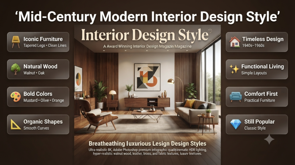 Mid-century modern interior design featuring tapered-leg furniture, warm wood tones, organic shapes, bold accents, and timeless home décor.