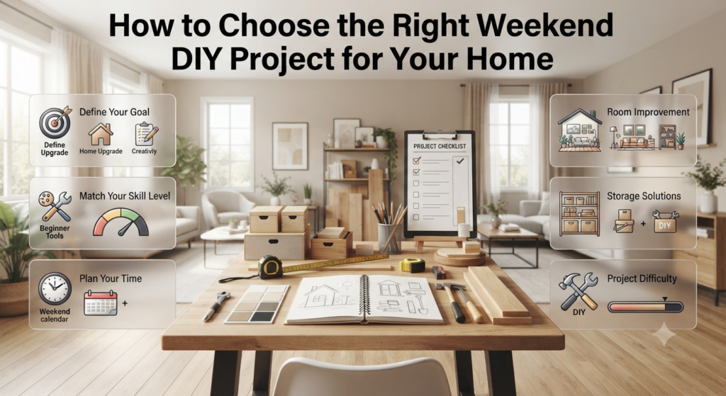 How to choose the right weekend DIY project based on goals, skills, time, budget, and home improvement planning factors.